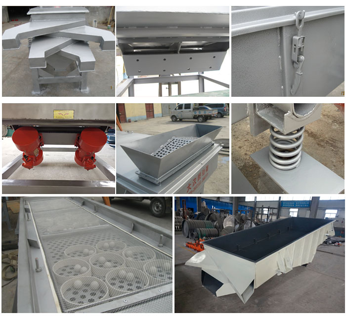多層直線振動篩由進料口,底座,振動電機,篩網(wǎng),篩框,彈簧,出料口等組成。