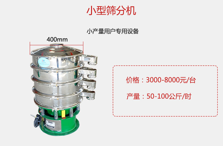小型篩分機(jī)產(chǎn)量可達(dá)100公斤/時(shí)，價(jià)格3000元起。