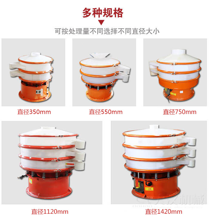 塑料振動篩不同篩分直徑進(jìn)行展示：350，550，750，1120，1420等。