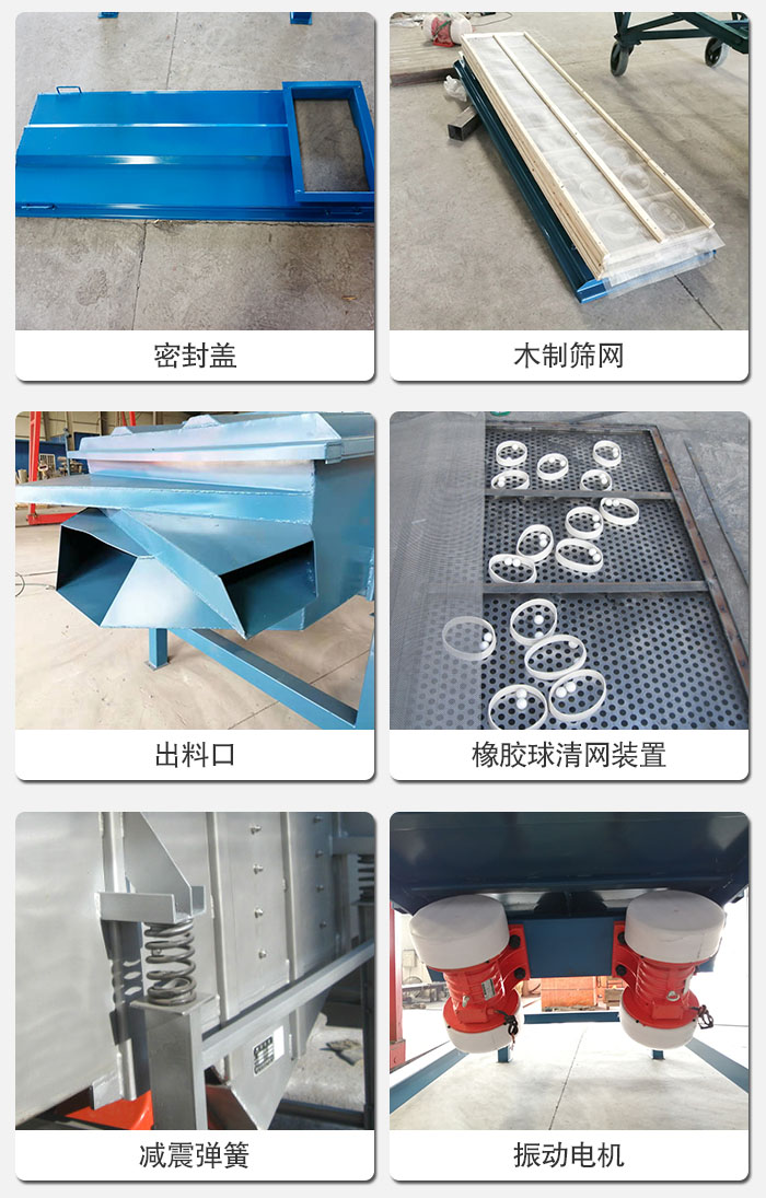 直線篩結(jié)構(gòu)展示：篩網(wǎng)，篩箱，振動電機，振動電機座，減震彈簧，支架等部件展示圖