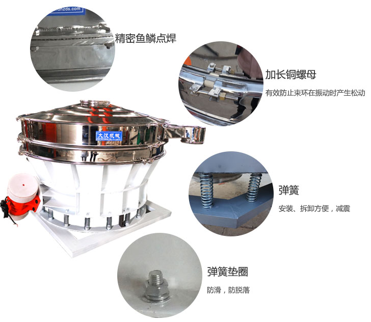 1500直排篩細(xì)節(jié)展示：彈簧，彈簧墊圈，加長銅螺母。