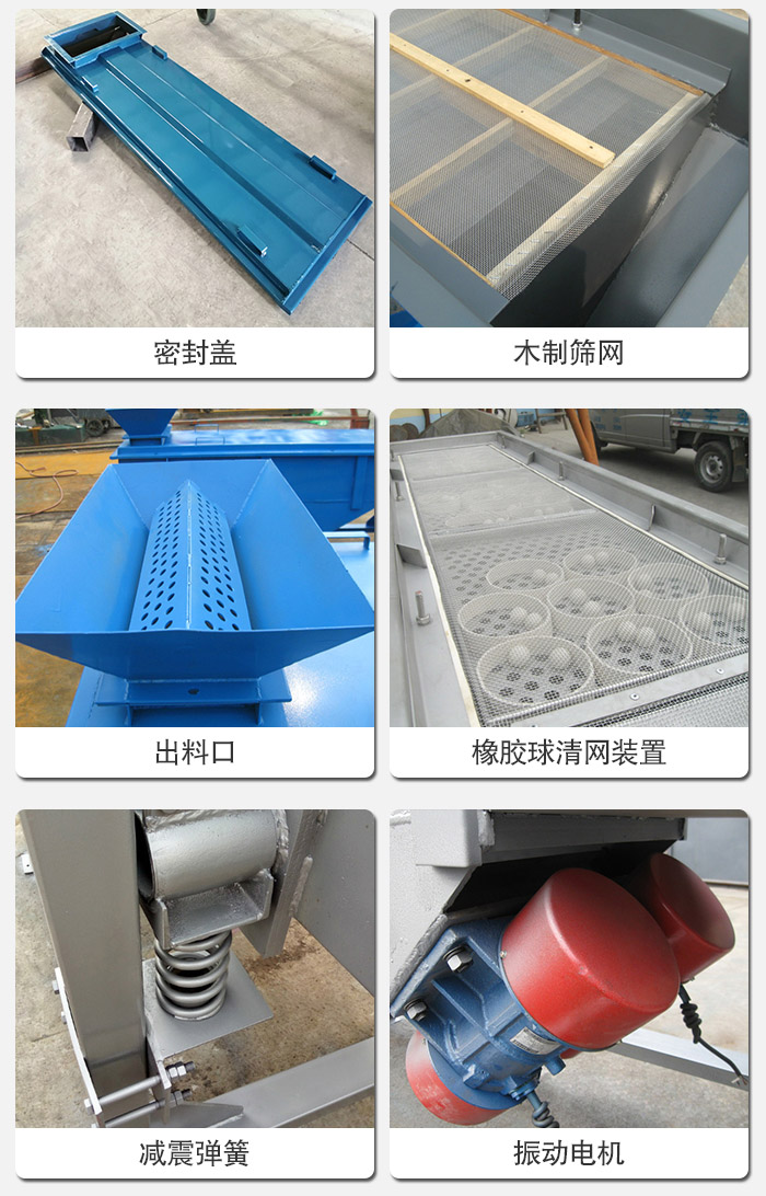 直線篩分機的結(jié)構(gòu)展示圖：篩箱是物料主要篩分設(shè)備之一，篩網(wǎng)用于篩分物料，振動電機幫助篩網(wǎng)篩分。
