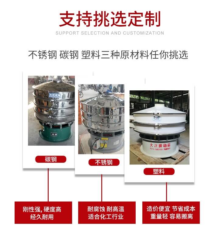 旋振篩可配置一到四層的篩網(wǎng)。旋振篩的篩分效率高，篩分精度高，篩分率高達(dá)96%。