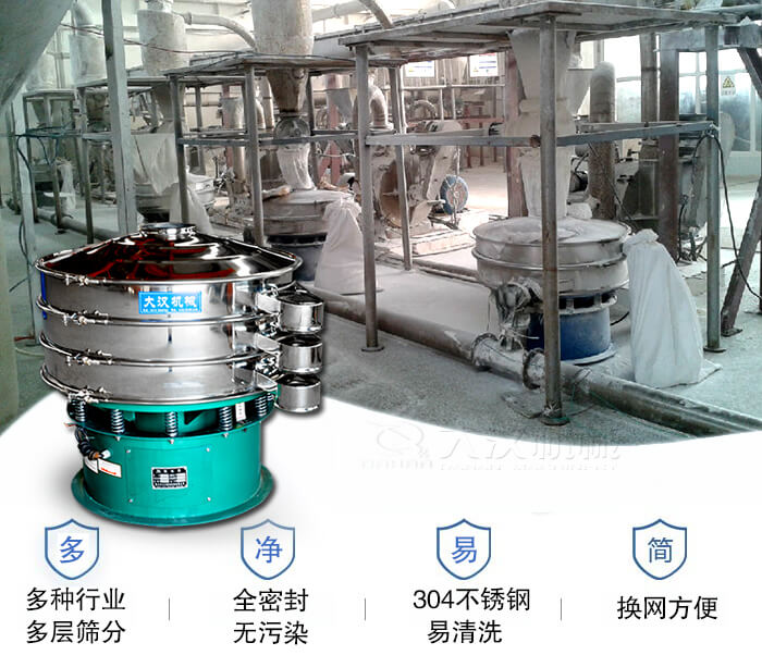多種行業(yè)多層篩分采用全密封結(jié)構(gòu)，無污染。304不銹鋼材質(zhì)易清洗。同時換網(wǎng)方便。