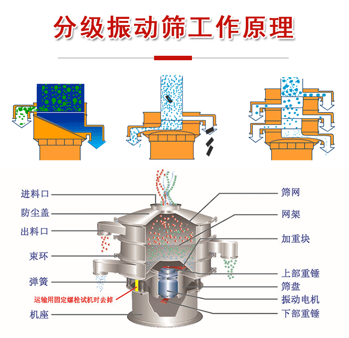 分級(jí)振動(dòng)篩內(nèi)部結(jié)構(gòu)：進(jìn)料口，防塵蓋，出料口，束環(huán)，彈簧，機(jī)座，篩網(wǎng)，網(wǎng)架，上部重錘，振動(dòng)電機(jī)，下部重錘。