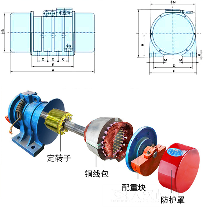YZS振動(dòng)電機(jī)內(nèi)部主要部件：定轉(zhuǎn)子，銅線包，配重塊，防護(hù)罩。